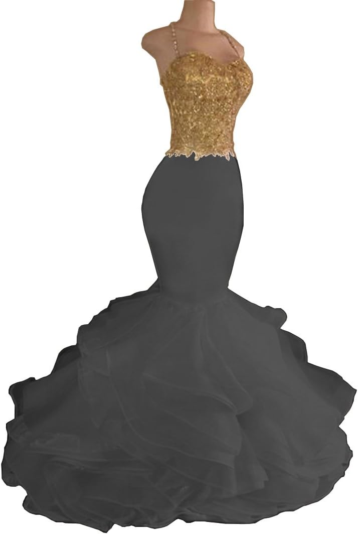 Aiyi Women's Mermaid Gold Lace Spaghetti Strap Organza Prom Dress