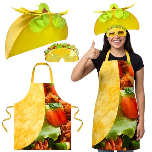 MARCSONNIA Taco Costume Set for Adults Unisex Men Women Halloween Food Costume with Hat Apron and Glasses Standard Size Mexican Theme Party Outfit