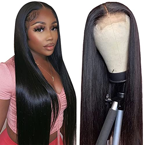 Lace Front Wigs Human Hair Straight Lace Closure Wigs for Black Women 150% Density Brazilian Virgin Human Hair Wigs Pre Plucked with Baby Hair Natural Color (18 Inch)