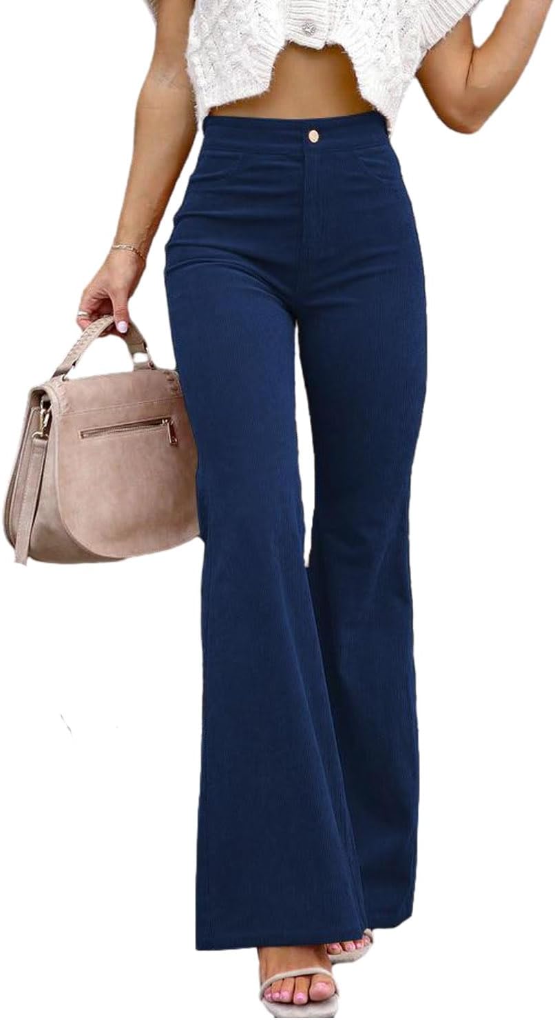 Xixiuly Women Corduroy Flared Pants Elastic Waist for Office Business Casual Flare Leg Palazzo Long Bootcut Pants Trousers - Image 2