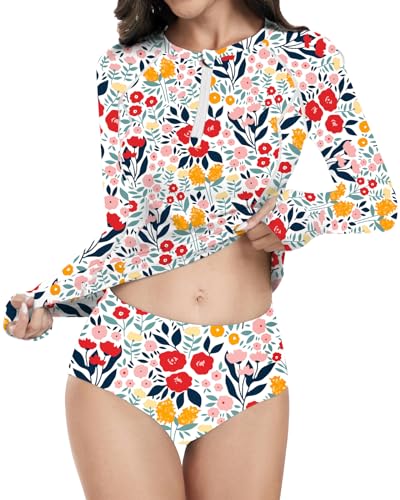 WOWENY 2 Piece Rash Guard Long Sleeve Swimsuits UPF 50+ Sun Protection Swim Shirt Set Bathing Suit with Bottom
