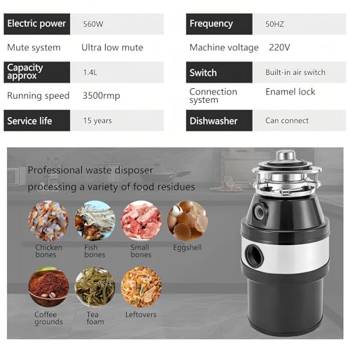 Unité d'élimination des déchets avec interrupteur d'air, broyeur à déchets alimentaires de 1200 ml, moteur 560 W, protection contre les surcharges, acier inoxydable durable, installation facile pour