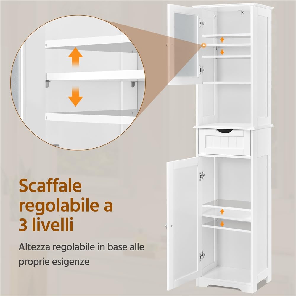 Yaheetech Armadietto da Terra con Ripiani Regolabili Armadio da Bagno con Ante Mobile Autoportante in Vetro Mobiletto con Cassetto per Cucina Soggiorno Stile Shabby Chic 40 × 30 × 170 cm Bianco