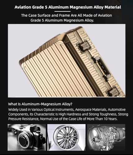 All Aluminum Magnesium Hardshell Carry On Luggage with Lock, Airline Approved Hardside Carry on Suitcase with Spinner Wheels, Checked Metal Rolling Luggage Case for Business, Travel (Gold, 20 inch)3