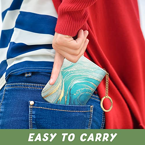 Image of Aiawoxc Credit Card Holder for Women, Small RFID Wallet Slim Leather Card Organizer Case with Zipper and Keychain, Cyan Marble