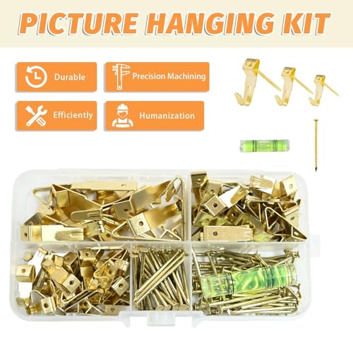 Image of 171PCS Copper Plating Picture Hanging Kit - Heavy Duty Wall Hooks,Photo Frame Hangers (57lb, 35lb, 25lb Hooks, Nails & Mini Level)