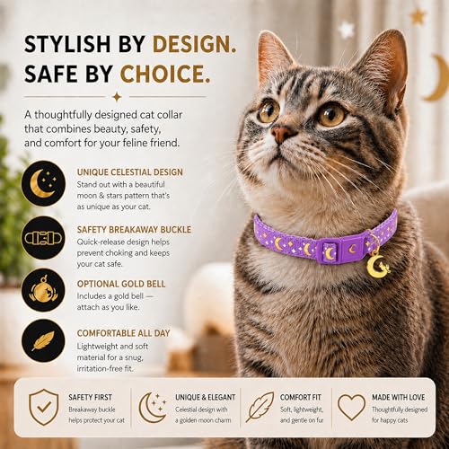 Image of WAAAG Cat Collars, Gold Moons and Stars Cat Collar, Safety Breakaway Cat Collar, Glow in The Dark (Standard 9 inch-15 inch Neck, Lavender)