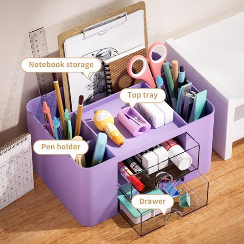 Image of Marbrasse Pen Organizer with 2 Drawer, Multi-Functional Pencil Holder for Desk, Desk Organizers and Accessories with 5 Compartments + Drawer for Office Art Supplies (Purple)
