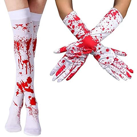 Halloween Bloody Costume 2 Pairs Blood Printing Gloves Socks Nurse White Blood Splattered Gloves Bloody Over-Knee Socks Creepy Bloody Suit Halloween Party Cosplay Costume (Bloody) Cover