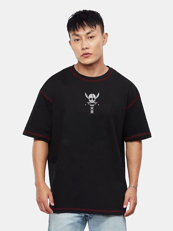 Buy crazymonk Men's Cotton Printed Shanks Oversized Black T-Shirt