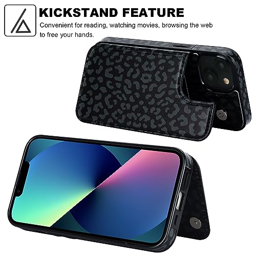Image of HAOPINSH for iPhone 13 /14 Wallet Case with Card Holder, Black Leopard Cheetah Pattern Back Flip Case PU Leather Kickstand Card Slots Case for Women Girls, Double Magnetic Clasp Cover 6.1 inch