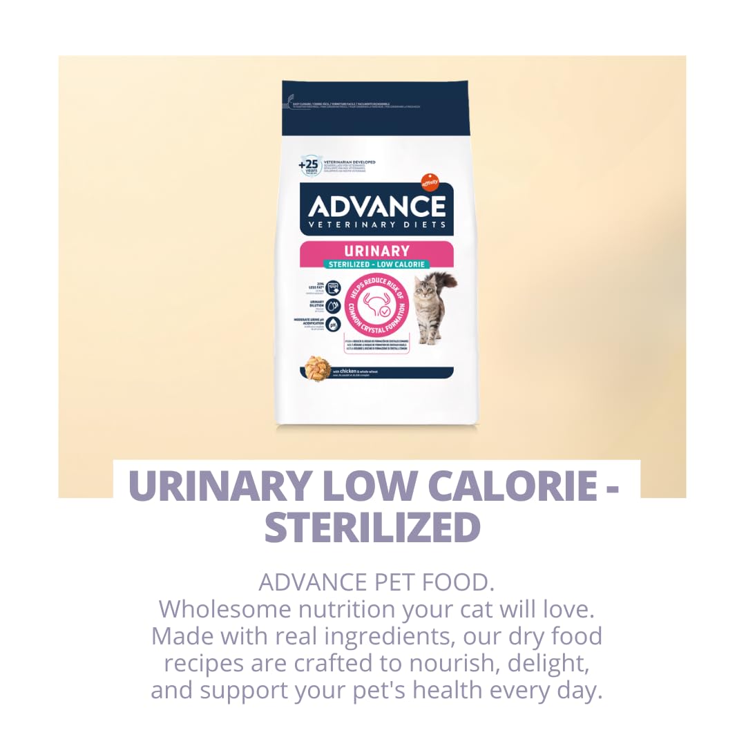 ADVANCE Gatto URINARY LOW CALORIE - STERILIZED | alimento secco dietetico completo per gatti adulti sterilizzati, riduce la ricomparsa di calcoli di struvite, 1 confezione da 1,25kg.