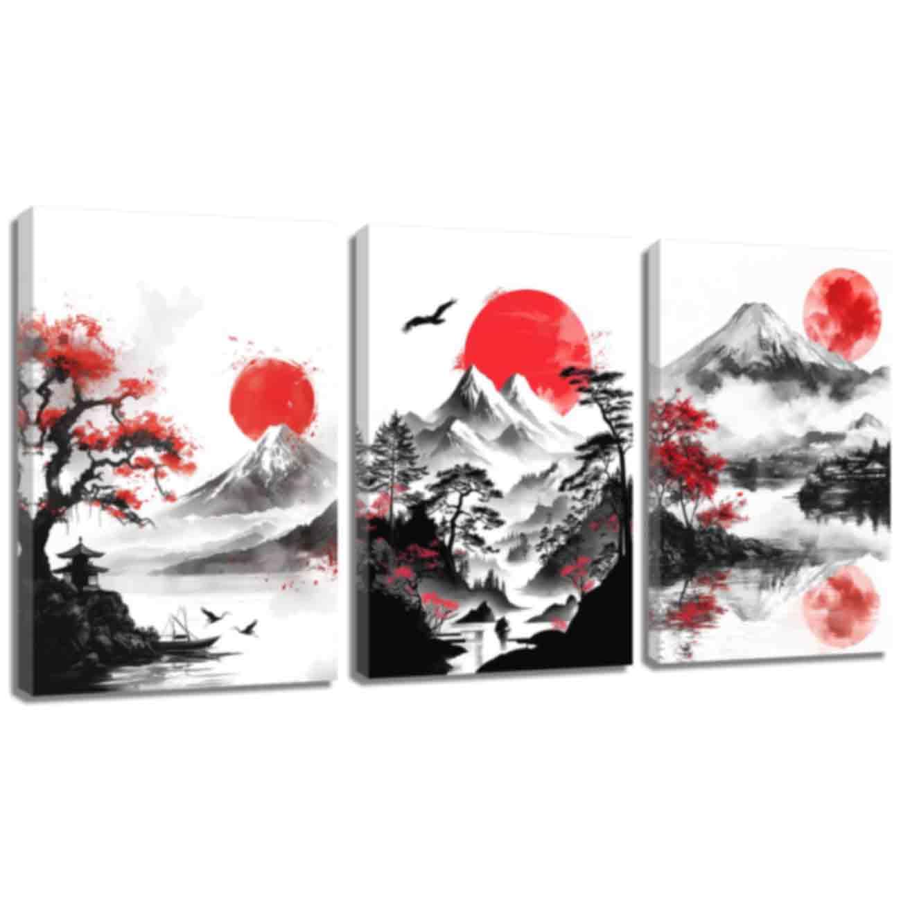 ZQQART Japanese Wall Art Set of 3 Mount Fuji Art Canvas Prints Japan Nature Landscape Poster Red&black Japanese Painting for Home Asian Decor (White,12.00"x16.00"x3)