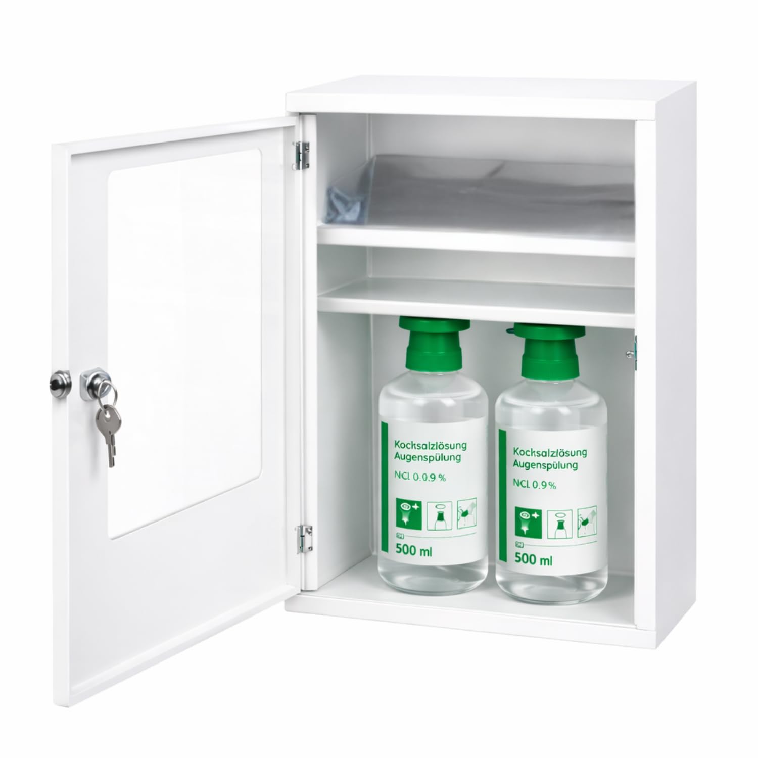 First Aid Products Augenspülschrank mit Sichtfenster – 2x Augenspülung NaCl 0,9% (500ml) – Metall, abschließbar, Eyewash station, Augenspülstation & Augendusche – Nachrüstung Werkstatt & Betrieb