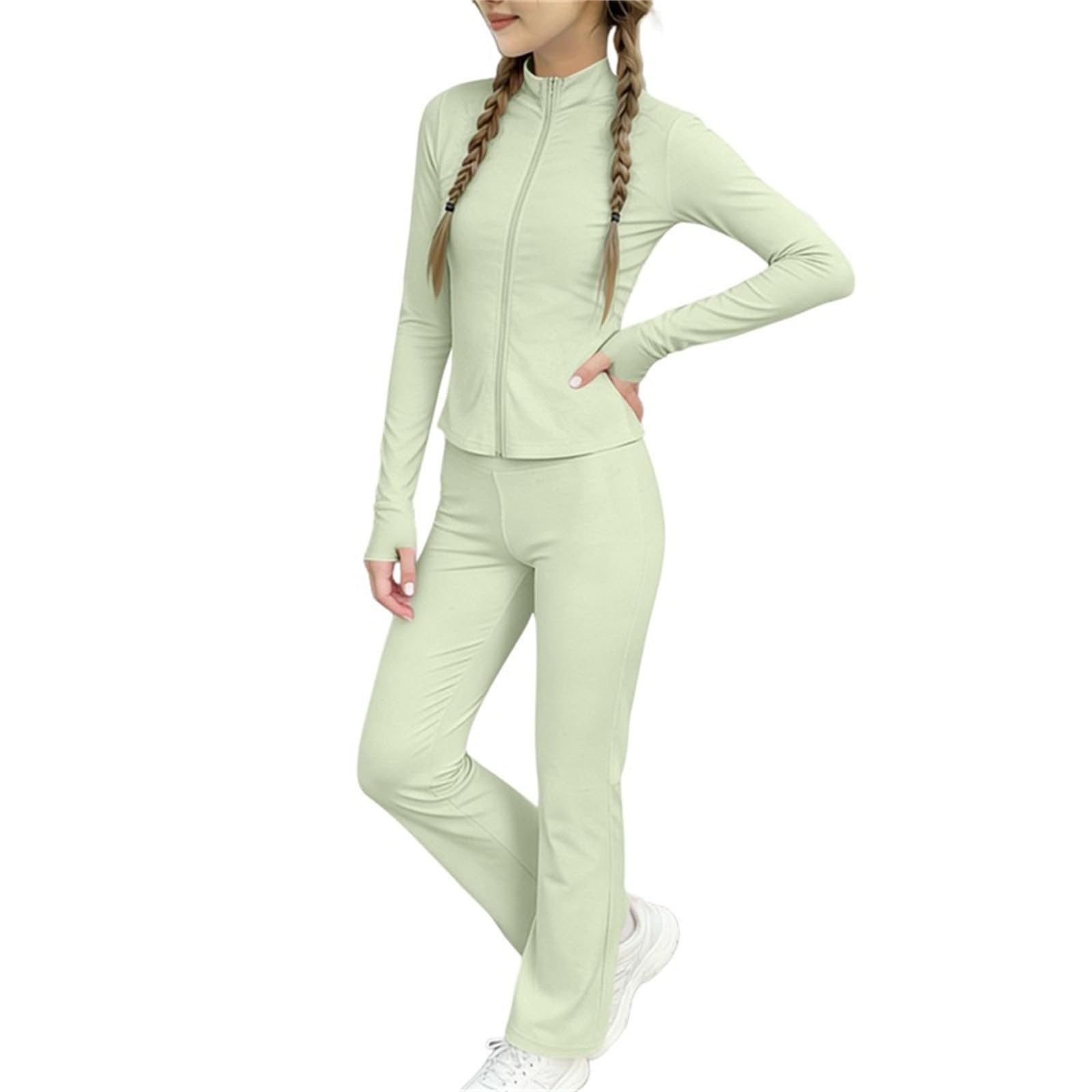Yoga Bekleidungssets für Mädchen Modisch Sportanzug Set Langarm Jogginganzug mit Reißverschluss Daumenloch Kinder Sommer Outfit Sport Jacke mit Schlaghose Atmungsaktive Kleidung für Laufen, Fitness