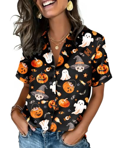 Image of Zeagoo Halloween Shirts Women Short Sleeve Fall Tops Button Down Blouses