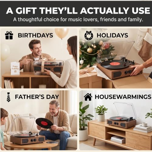 Image of Vinyl Record Player with Dual Speakers Bass /Treble Control Walnut