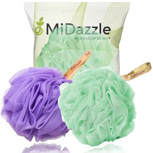 Image of Midazzle Luxury Loofah Bathing Sponge Exfoliator Scrubber for High Lather Cleansing (Small, Pack of 2, Purple & Green)