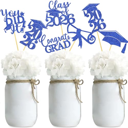 Image of Graduation Centerpiece Sticks 24PCS Glitter Grad Picks Party Table Decor Senior High School College Sign Blue