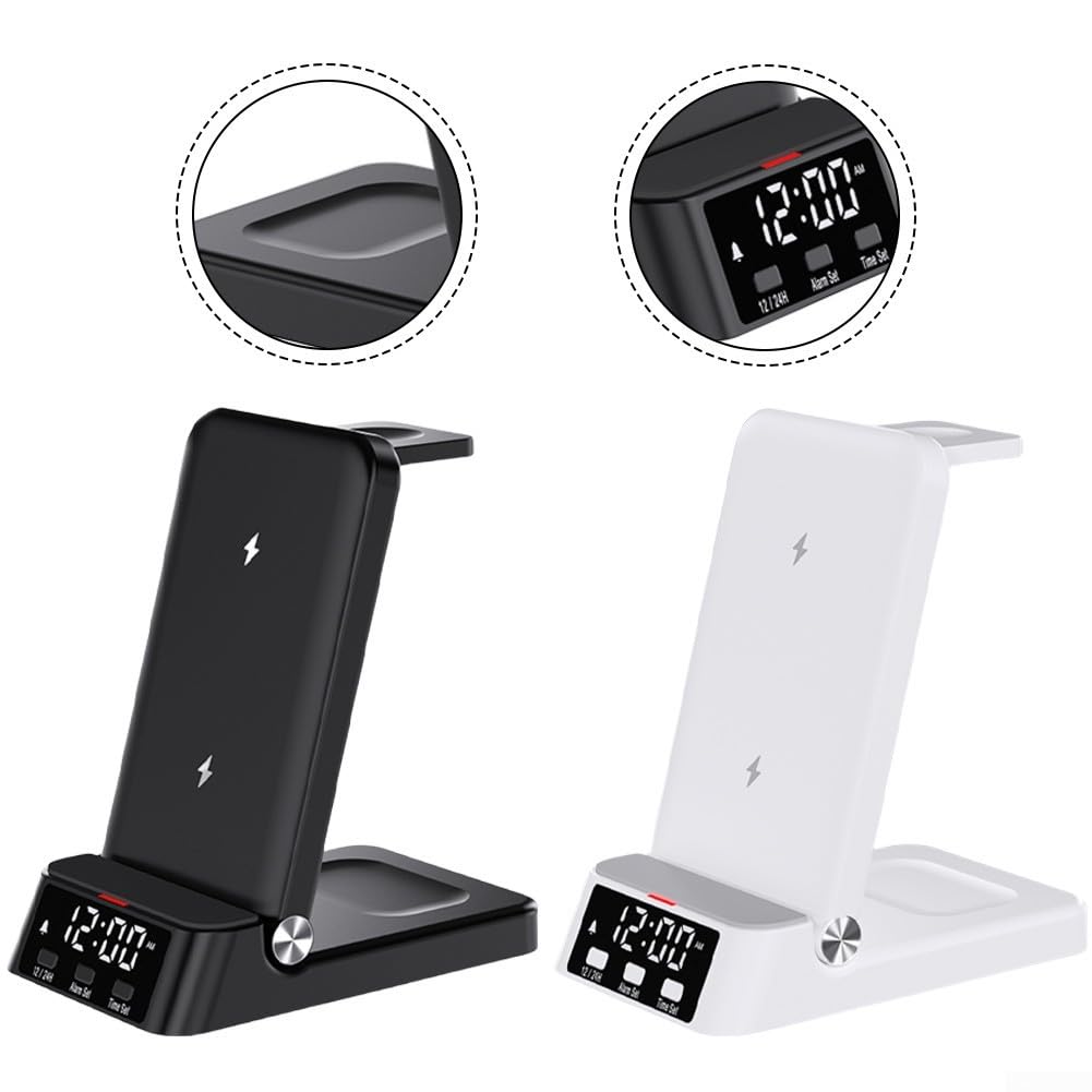 Station de charge sans fil, charge rapide 15 W avec horloge pour téléphones Samsung, écouteurs et montres pour S25 Ultra S24 Ultra Flip/Fold Series (blanc)