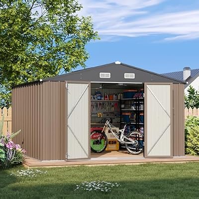 Patiowell 10 x 10 FT Outdoor Storage Shed,Metal Yard Shed with Design of Lockable Doors, Utility and Tool Storage for Garden, Patio, Backyard, Outside use,Brown
