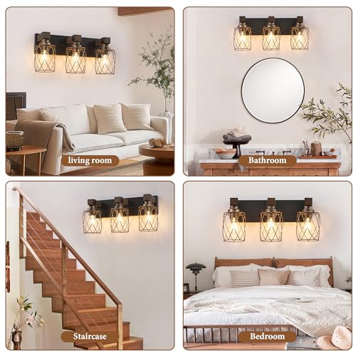 Image of 3-Light Black Gold Farmhouse Vanity Light, Wood & Metal Cage Shade | Mounted Over Mirror, Industrial Rustic Style, Ideal for Bathroom, Bedroom, Hallway & Living Room, Easy To Install