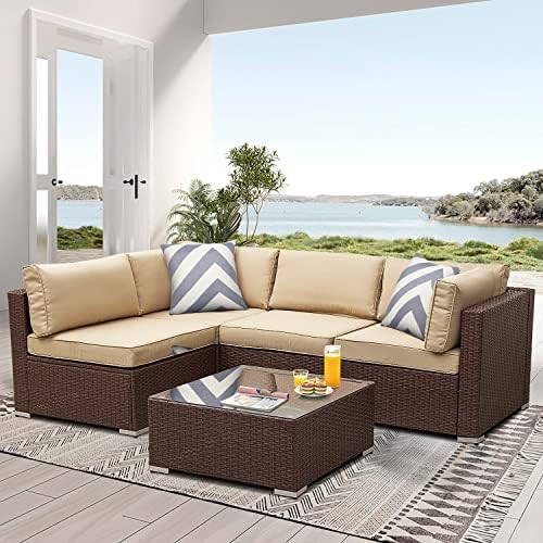 FYRICKYLINOO Outdoor Patio Furniture Set 5 Piece Wicker Rattan Outdoor Furniture Sectional Sofa Set All Weather Patio Conversation Set with Glass Table & Cushions Porch Balcony Poolside Garden Beige