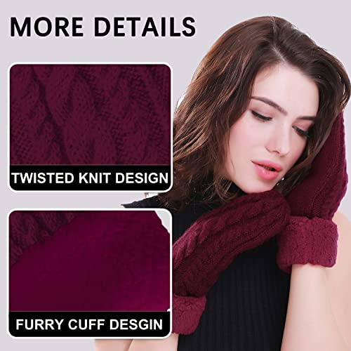 Women's Winter Gloves Warm Lining - Cozy Wool Knit Thick Gloves Mittens in 11 color (wine red)