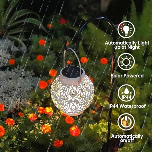 Image of 2 Pack Outdoor Solar Hanging Lantern Lights Metal LED Decorative Lamp for Garden Patio Courtyard Lawn and Table with Hollowed-Out Design (White)