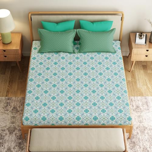 Image of Mytrident Bedsheet for Double Bed Queen Size |90 Inches x 100 Inches | Flourish Blue