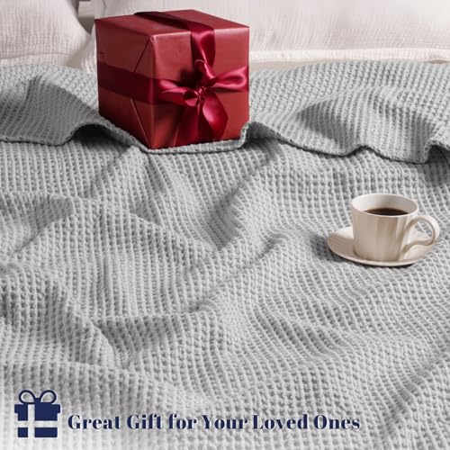 Image of PHF 100% Cotton Waffle Blanket Lightweight Breathable, Twin Size Light Grey | Pre-washed Soft Cozy Summer Throw for Hot Sleepers, Textured Decorative Layer for Bed Couch Sofa Guest Room, Giftable