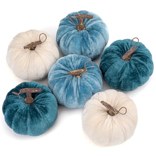 Briful Fall Pumpkins Decoration for Home, 6PCS Blue and White Velvet Fake Pumpkin Decor for Autumn Harvest Thanksgiving Halloween Table Centerpiece Tier Tray Shelf Farmhouse Decoration(4 Inch)