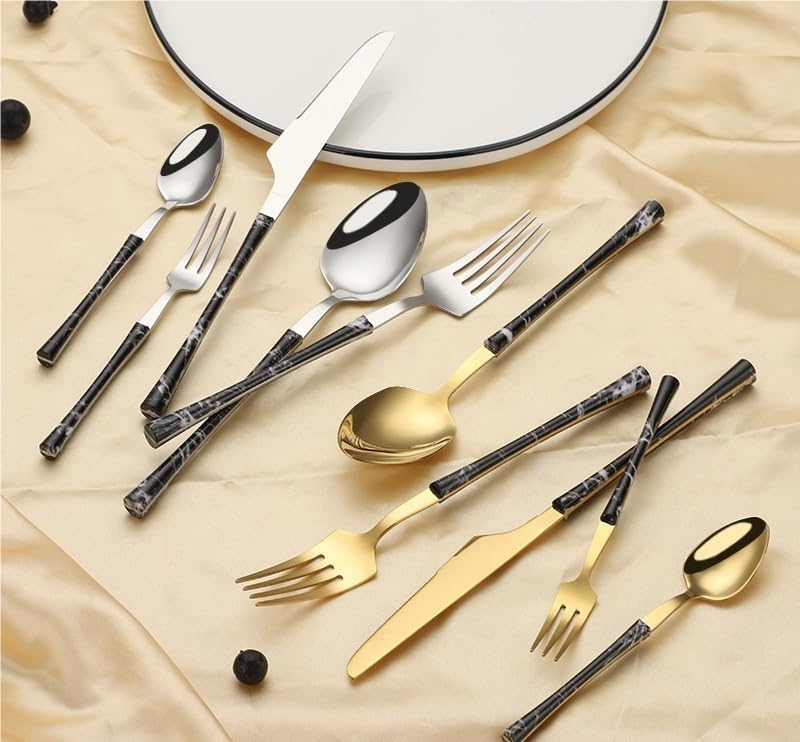 Silverware Flatware Cutlery Set， 5/20/30/40/50/60pcs Stainless Steel Cutlery， Fork and Spoon， Imitation Wooden Handle，Black/Silver-6Set