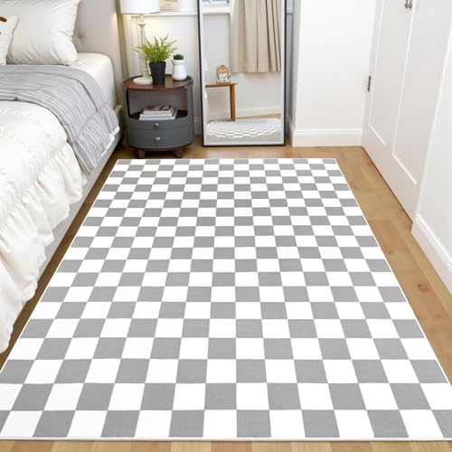 Image of Terrug Grey and White Plaid Rug for Bedroom, 3 x 60 Inch Rugs Washable with Non-Slip for Living Room Soft Short Pile Stain Resistant Retro Rug for Dorm Room Nursery