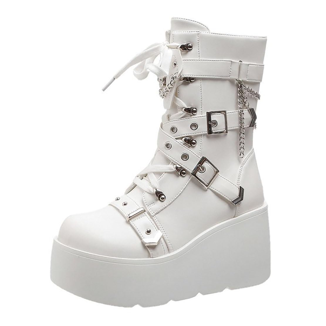 Ulalaza Womens Goth Platform Ankle Boots with Bat Wing Buckles Chunky Block Heels Round Toe Zipper Punk Motorcycle