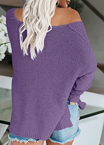 Image of Women's Off Shoulder Knit Sweaters Oversized V Neck Long Sleeve Loose Lightweight Pullover Tops
