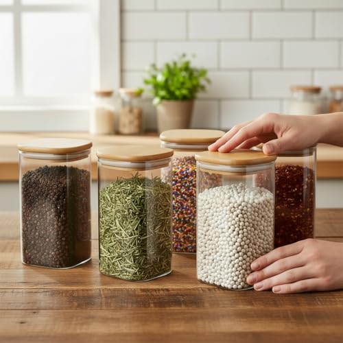 Image of ginoya brothers Airtight Borosilicate Glass Square Jar With Wooden Or Steel Lid Multi-Size, Container for Spices, Coffee, Grains, Snacks & Kitchen Organization (2, WOODEN LID, 420 ML)
