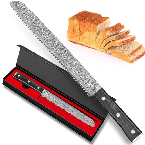 BILLION DUO Damascus Bread Knife with Serrated Edge, Serrated Knife 67 Layer Damascus Steel, 10 Inch Sharp Blade, Kitchen Knives with Ergonomic Handle for Home Kitchen & Restaurant
