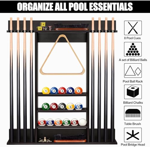 Pool Cue Rack, Bamboo Wall Mount Pool Sticks Holder, Holds 8 Cues and Full Set of Balls, Pool Table Accessories Organizer for Billiard Room or Club - Dark Brown - Image 2