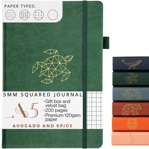 A5 Squared Notebook by Avocado and Spice® with Gift Box & Velvet Bag - A5 Grid Paper Notebook - Elastic Strap, Pen Holder, 200 Thick Page (Green, Squared)
