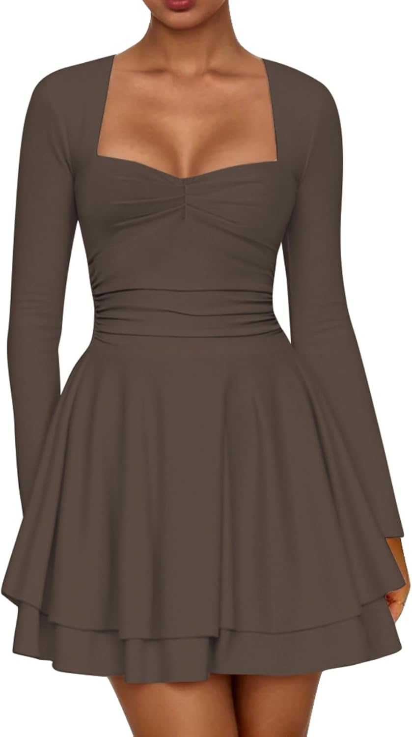 AGSEEM Womens Mini Dress Long Sleeve Square Neck Ruffle Hem Corset Ruched Waist A Line Short Party Dresses