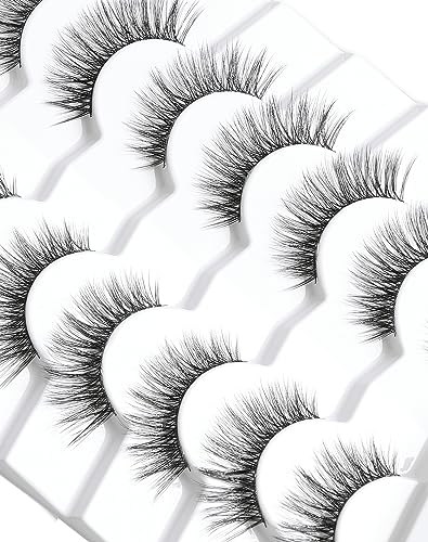 Faux Mink Lashes Natural Look Fluffy 14mm Eyelashes Wispy 3D 12mm Fake Eyelashes Thin Band Reusable False Lashes Pack 7 Pairs S3