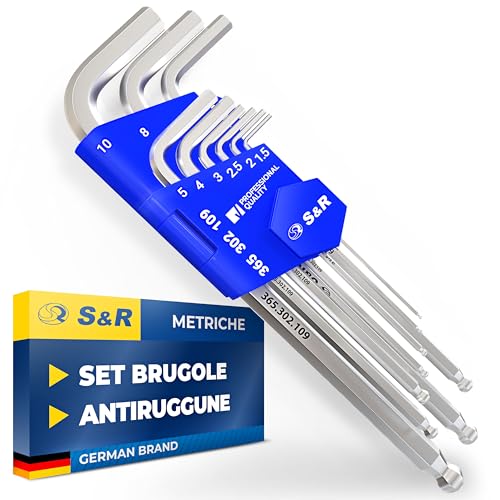 S&R Chiavi a Brugola - Set Brugole Metriche Lunghe. Kit Brugole di 9 Chiavi Esagonali Maschio da 1.5 a 10mm con Testa Sferica per Bici, Moto Auto, Mobili, Elettrodomecisti.