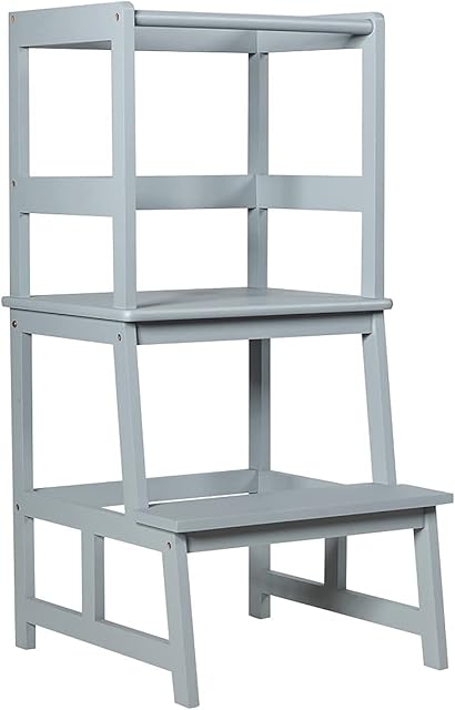 Maxmass Toddler Kitchen Helper, Kids Standing Stool with Safety Rail, Children Learning Tower for Kitchen Counter (Grey)