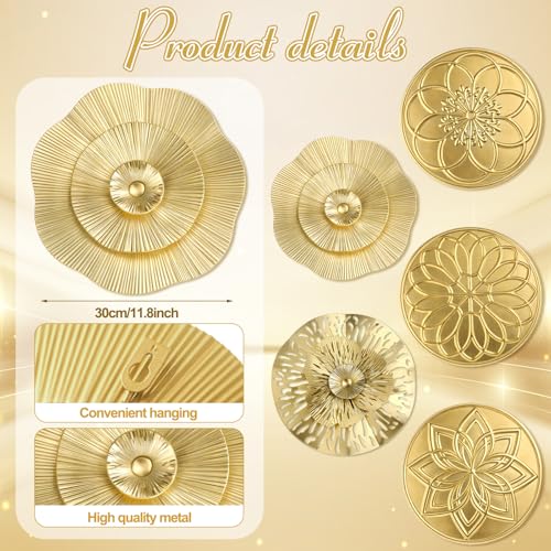 Otoolling 5 Pcs 12 Inch Gold Metal Wall Art Decor Hanging Metal Flower Plate Modern Accent Wall Decorations for Home Living Room Office - Image 4
