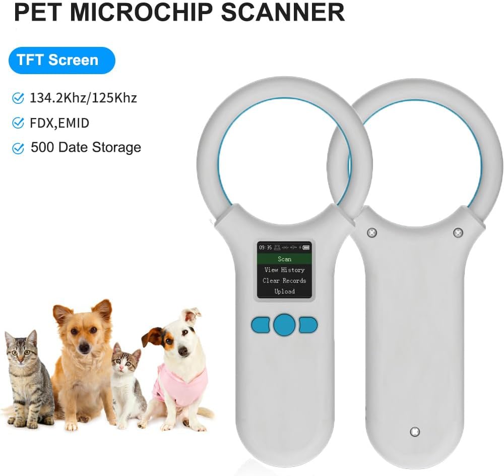 Rabitpos Pet Microchip Scanner with TFT screen and key features listed