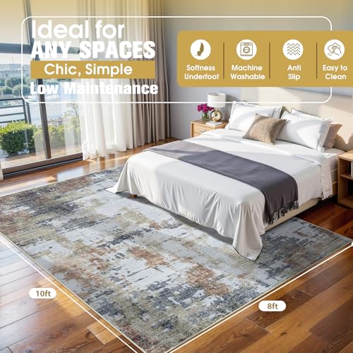 8x10 Area Rugs for Living Room Rug Washable: Abstract Large Rug for Dining Room Bedroom Carpet Non Slip 8 by 10 Indoor Modern Nursery Home Office Yellow Brown