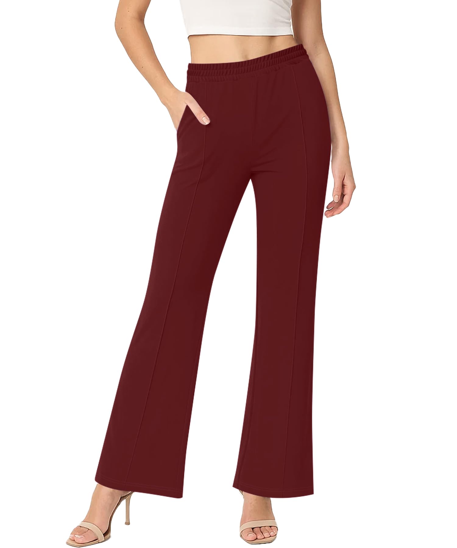 Womens High Waisted Flare Pants Stretchy Business Casual Holiday Trousers with Pockets for Women Trendy Wine Red Large