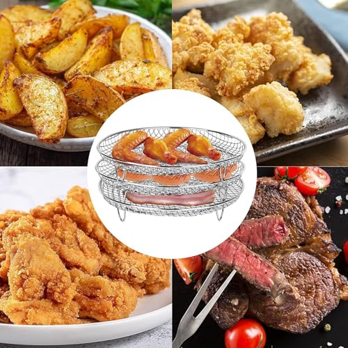Luftfritteuse Korb, Air Fryer Rack, Runder Air Fryer Stand, 3 Schicht Stapelbar Heißluftfritteuse Edels-tahl Korb, Airfryer Grill Rack Mit Edelstahlclip, Ölpinsel, Heißluftfritteuse Zubehör Rund – Bild 8