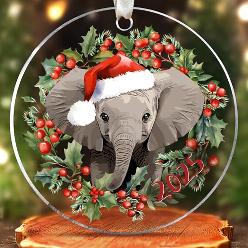 Enfeites de elefante – Enfeite de Natal de elefante – Ornamentos de elefantes para árvore de Natal – Presentes para amantes de animais para mulheres, homens – Ornamento de acrílico para pendurar